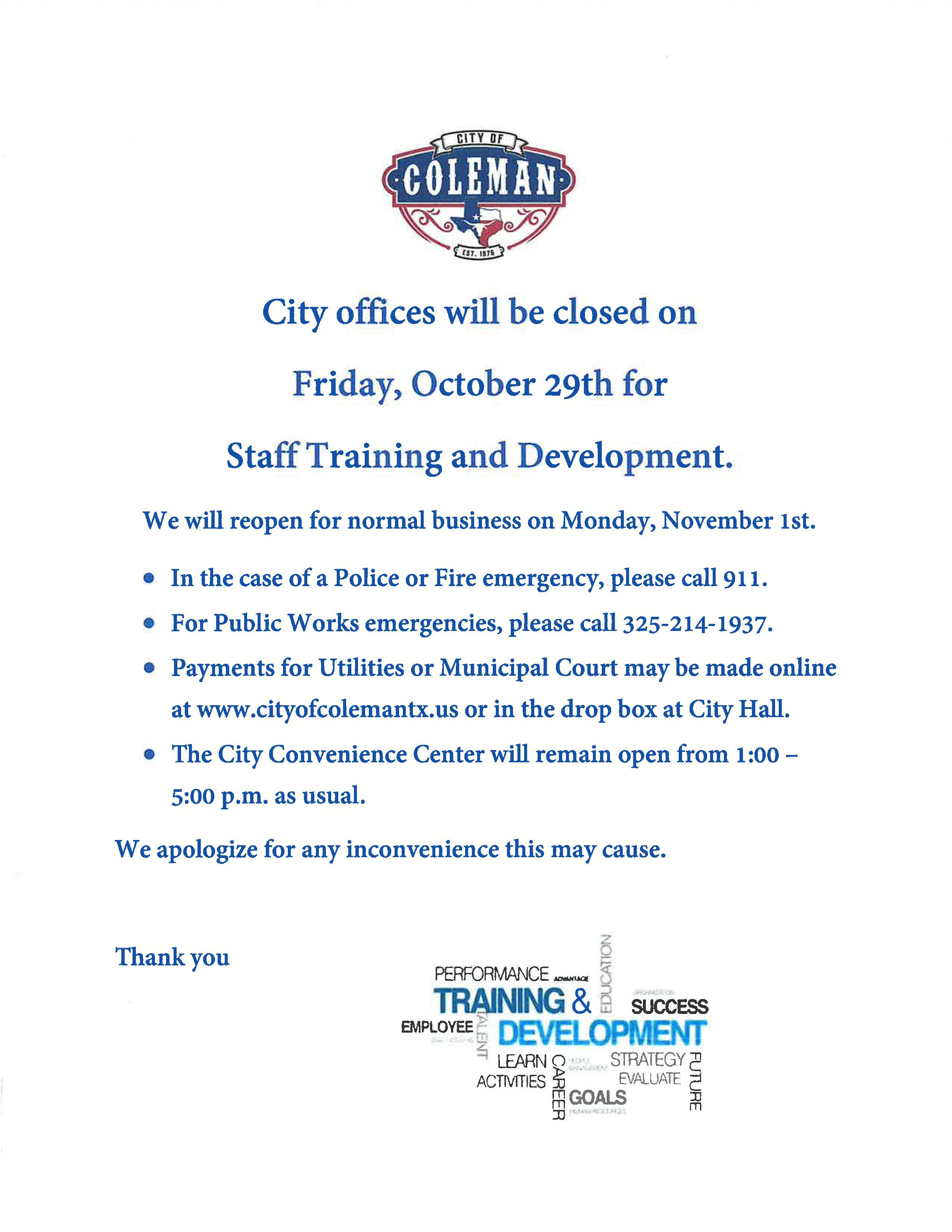 City offices closed on October 29th.